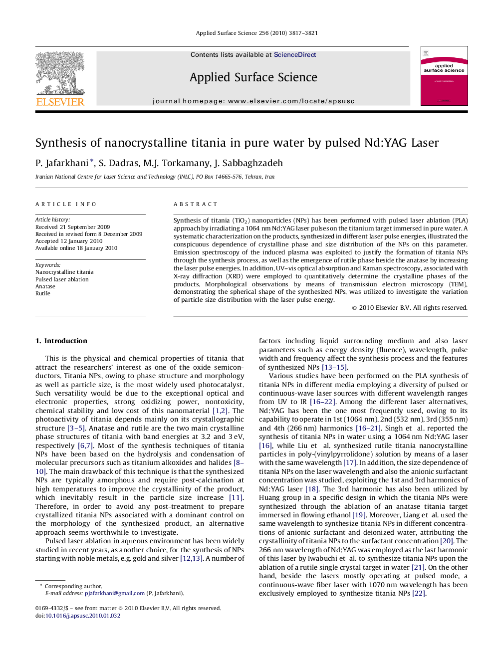 Synthesis of nanocrystalline titania in pure water by pulsed Nd:YAG Laser