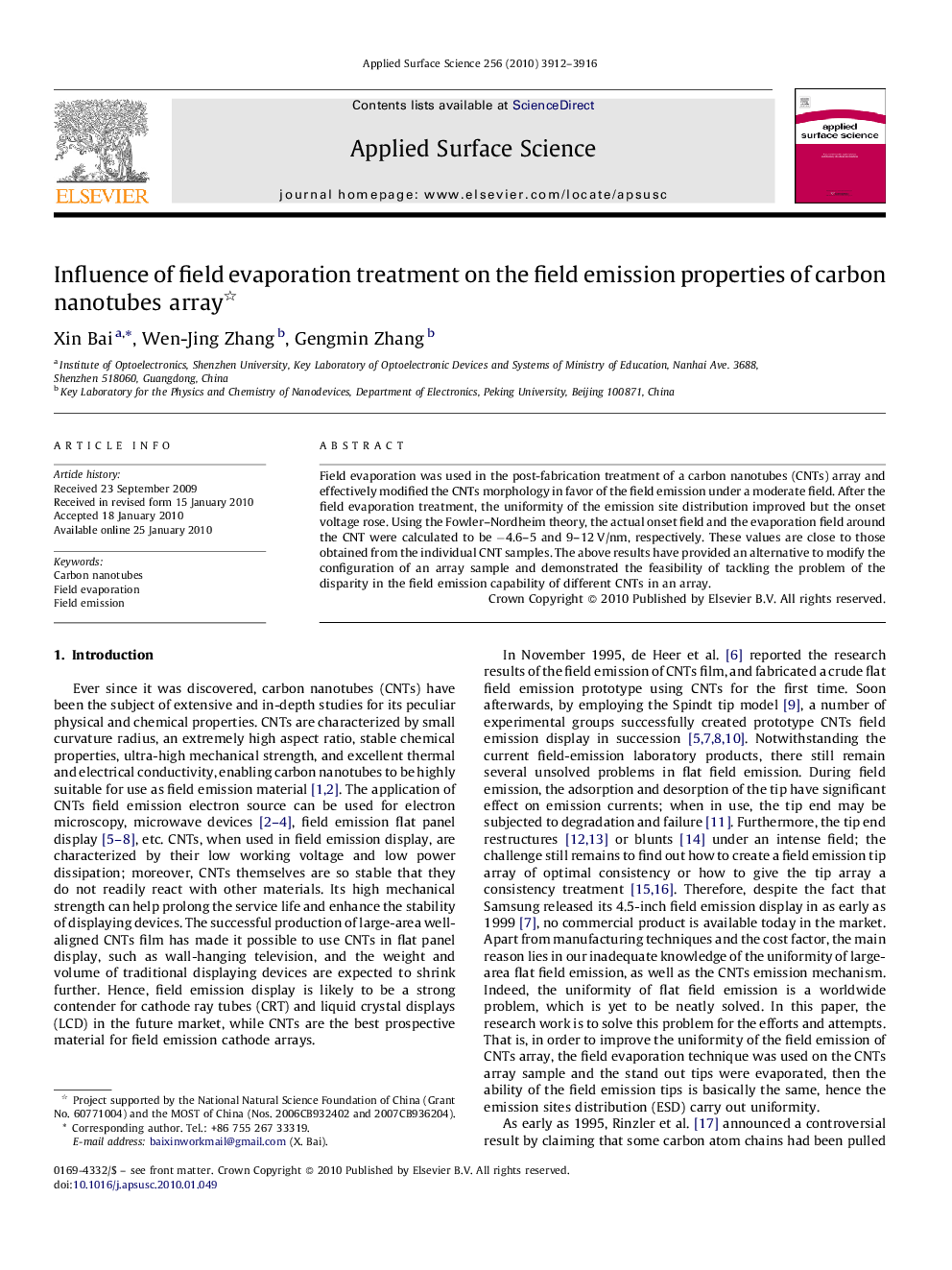 Influence of field evaporation treatment on the field emission properties of carbon nanotubes array