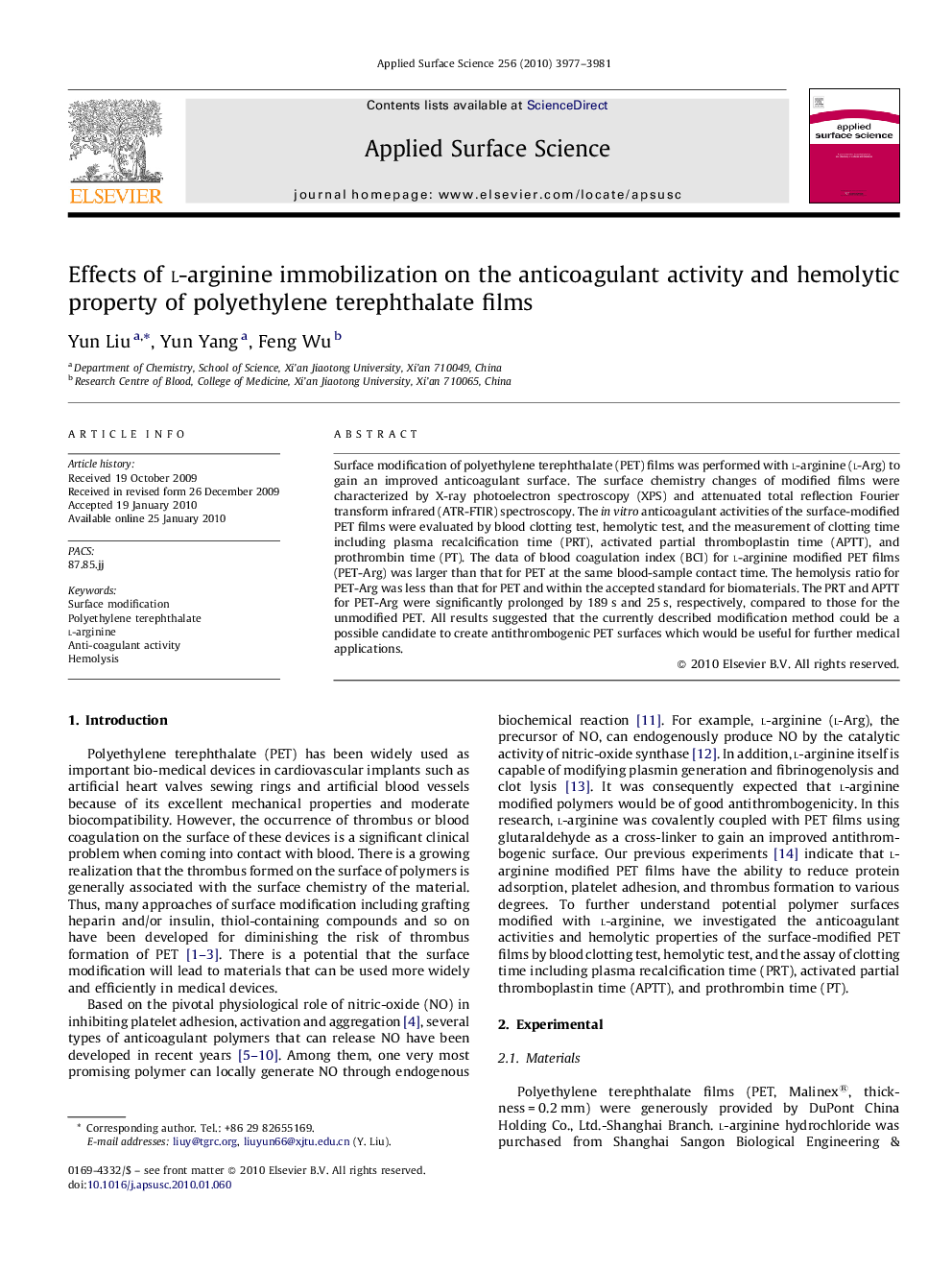 Effects of l-arginine immobilization on the anticoagulant activity and hemolytic property of polyethylene terephthalate films