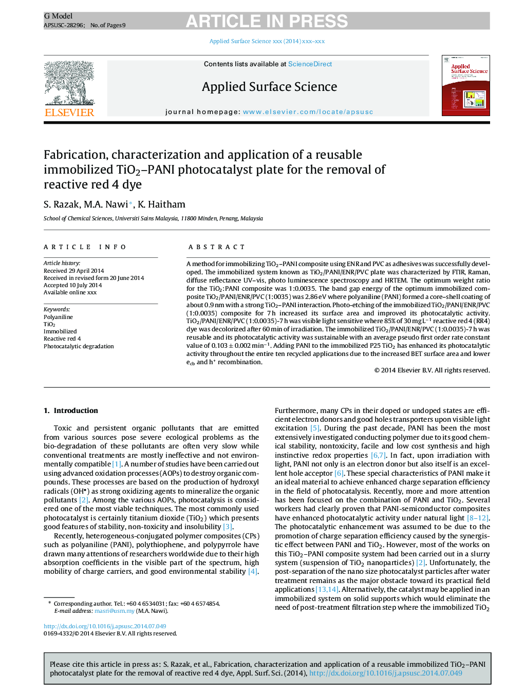 Fabrication, characterization and application of a reusable immobilized TiO2-PANI photocatalyst plate for the removal of reactive red 4 dye