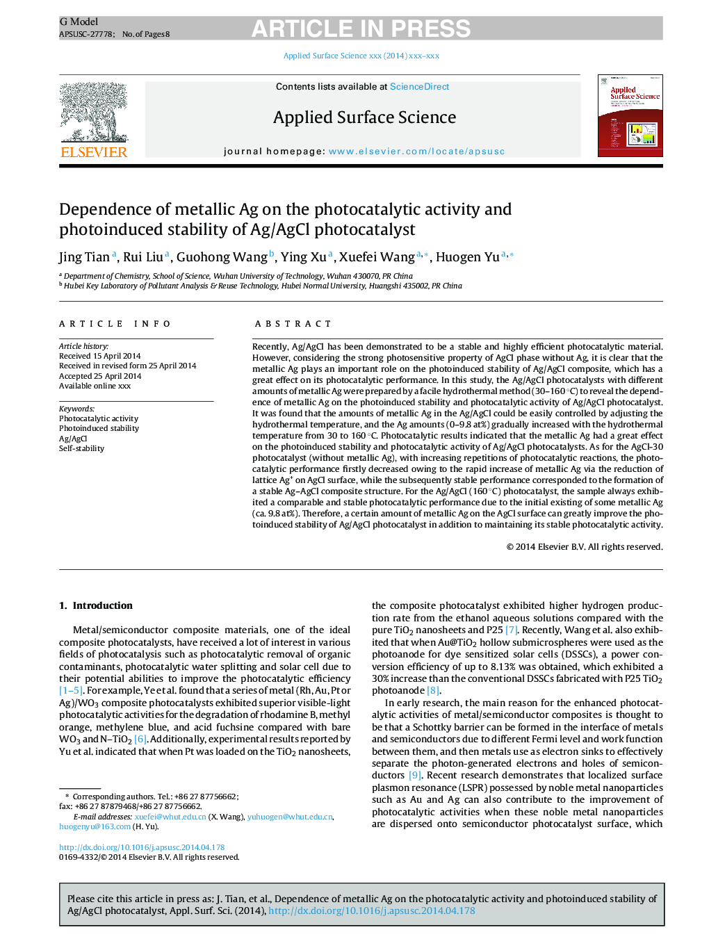 Dependence of metallic Ag on the photocatalytic activity and photoinduced stability of Ag/AgCl photocatalyst