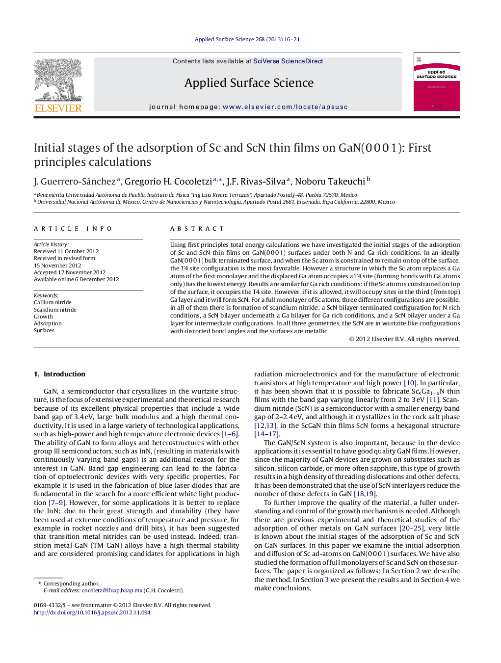 Initial stages of the adsorption of Sc and ScN thin films on GaN(0Â 0Â 0Â 1): First principles calculations