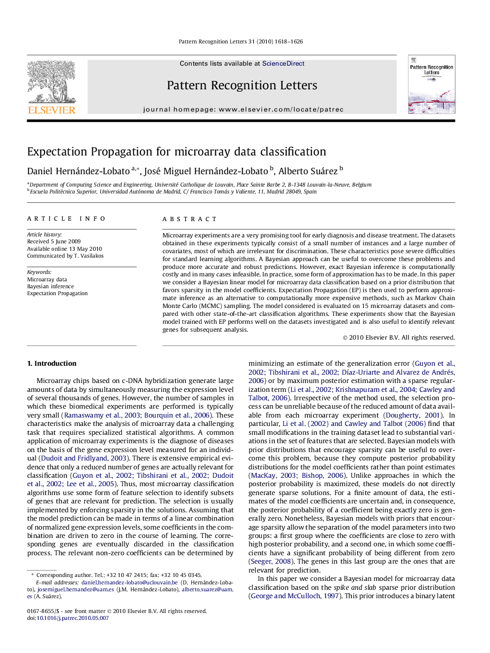 Expectation Propagation for microarray data classification