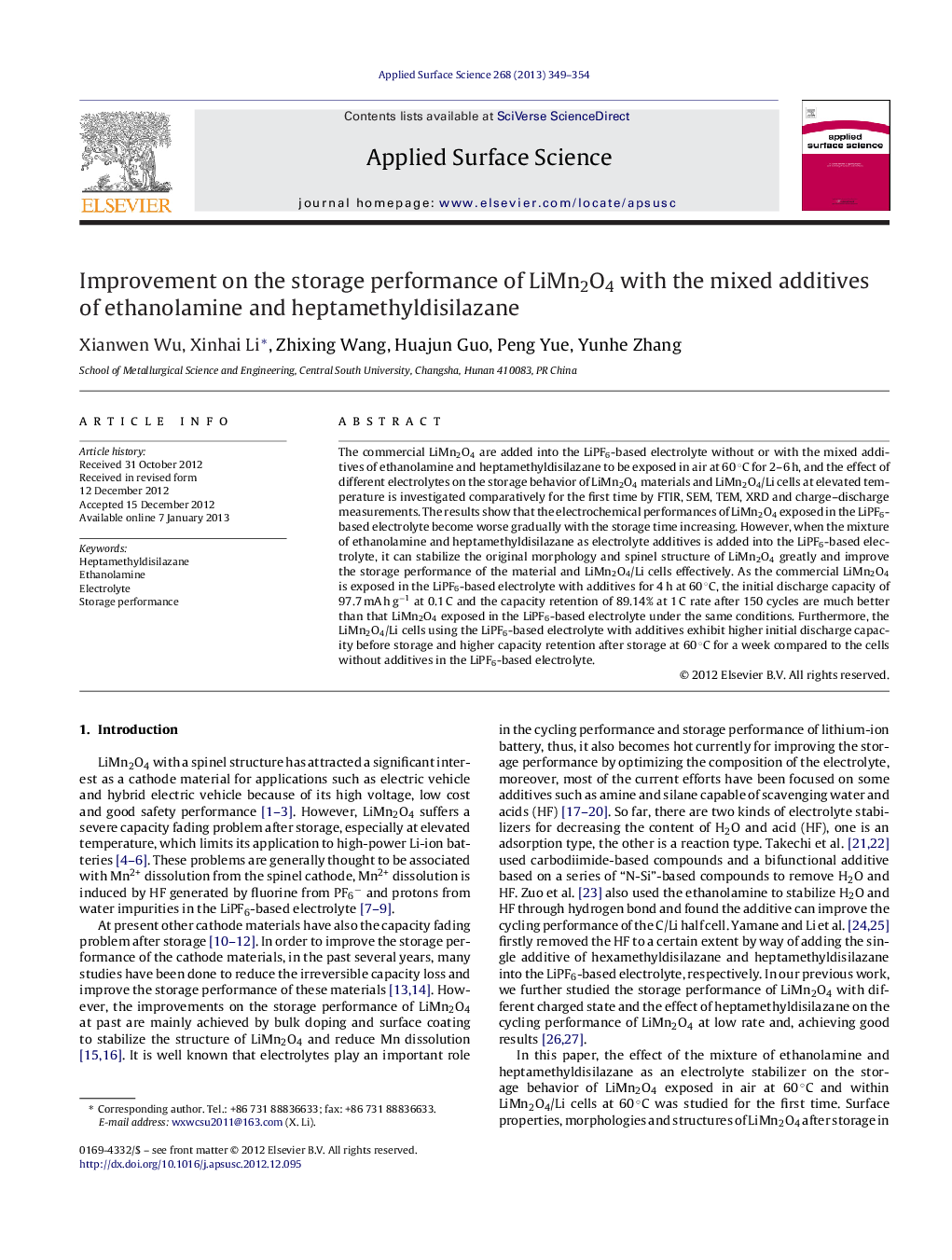 Improvement on the storage performance of LiMn2O4 with the mixed additives of ethanolamine and heptamethyldisilazane