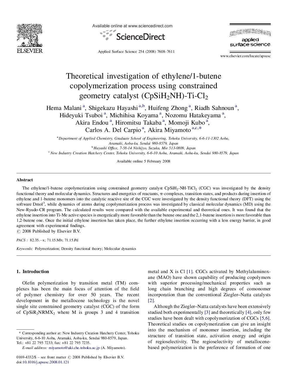 Theoretical investigation of ethylene/1-butene copolymerization process using constrained geometry catalyst (CpSiH2NH)-Ti-Cl2