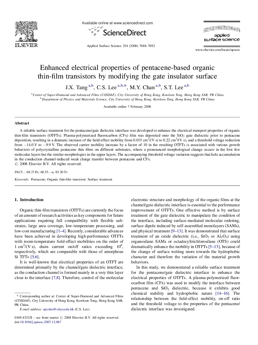 Enhanced electrical properties of pentacene-based organic thin-film transistors by modifying the gate insulator surface