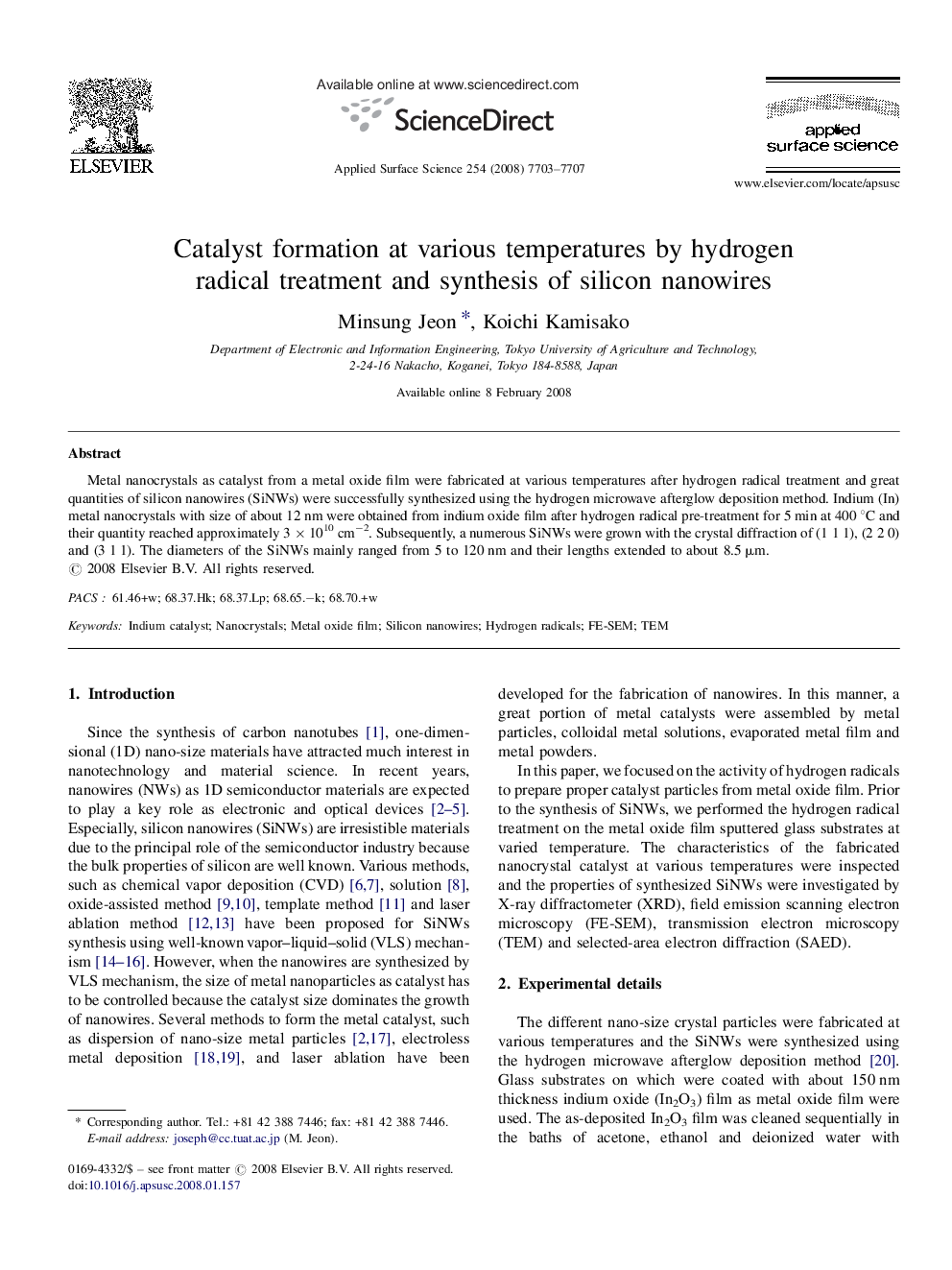 Catalyst formation at various temperatures by hydrogen radical treatment and synthesis of silicon nanowires