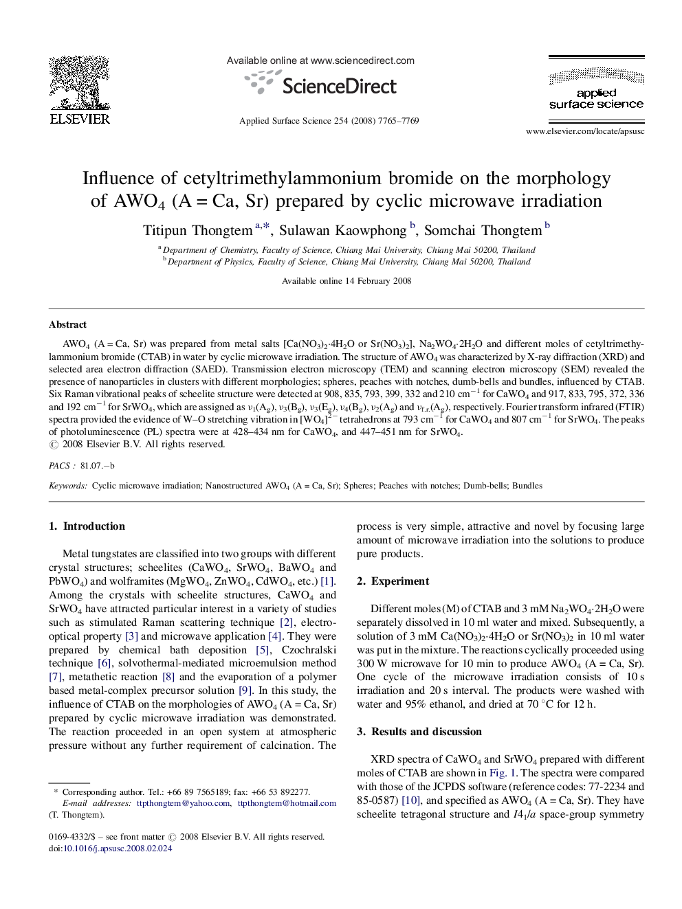 Influence of cetyltrimethylammonium bromide on the morphology of AWO4 (AÂ =Â Ca, Sr) prepared by cyclic microwave irradiation