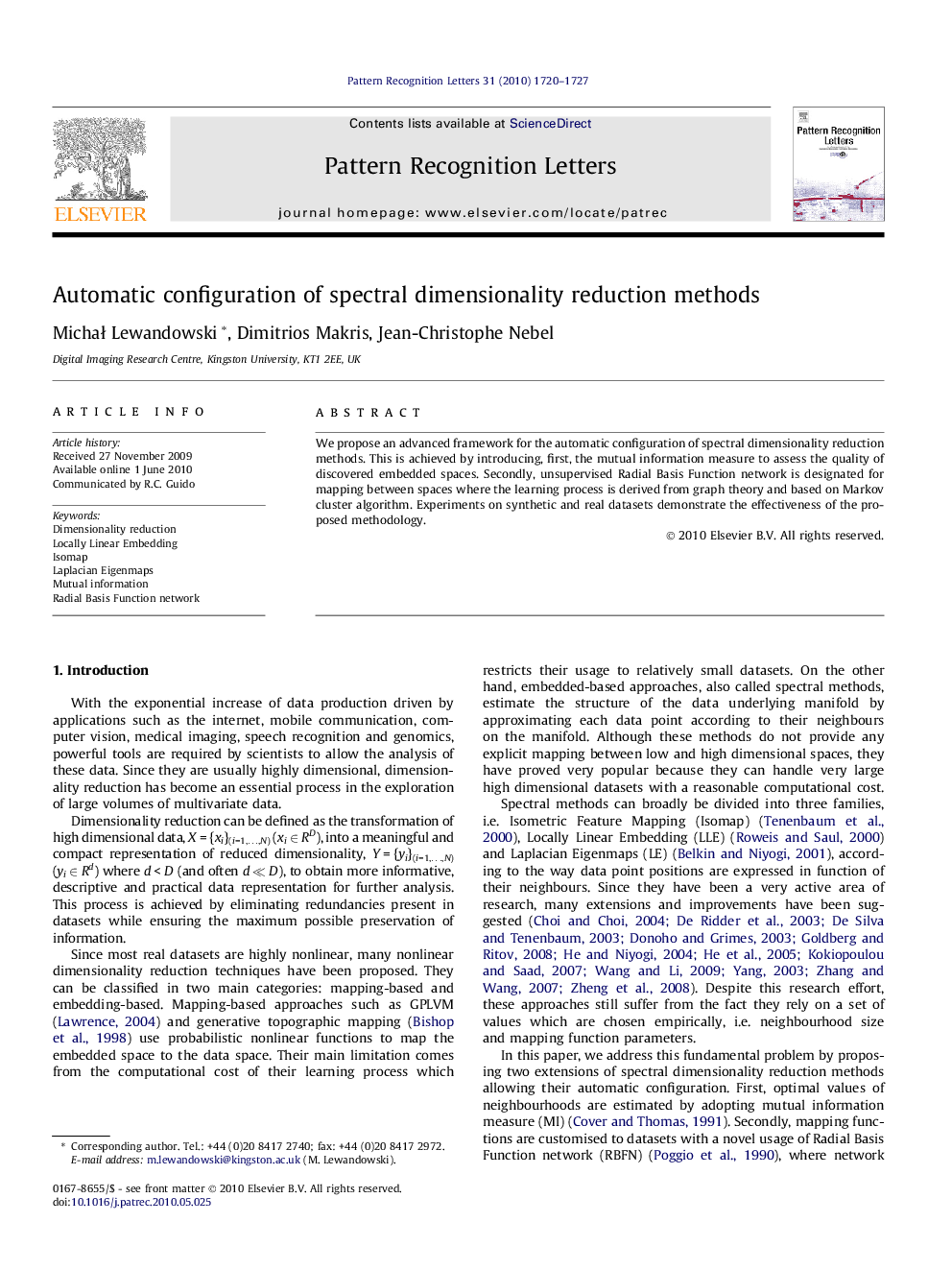 Automatic configuration of spectral dimensionality reduction methods