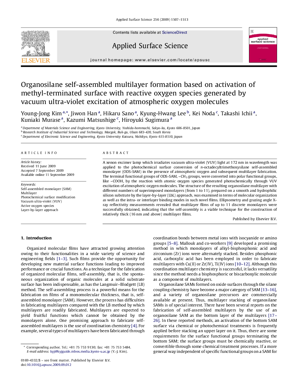 Organosilane self-assembled multilayer formation based on activation of methyl-terminated surface with reactive oxygen species generated by vacuum ultra-violet excitation of atmospheric oxygen molecules