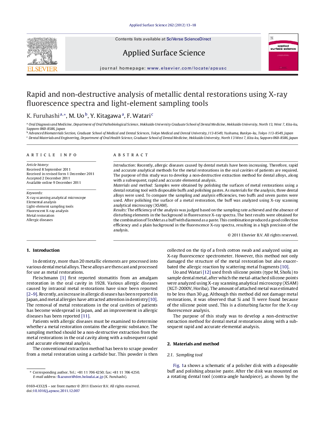 Rapid and non-destructive analysis of metallic dental restorations using X-ray fluorescence spectra and light-element sampling tools