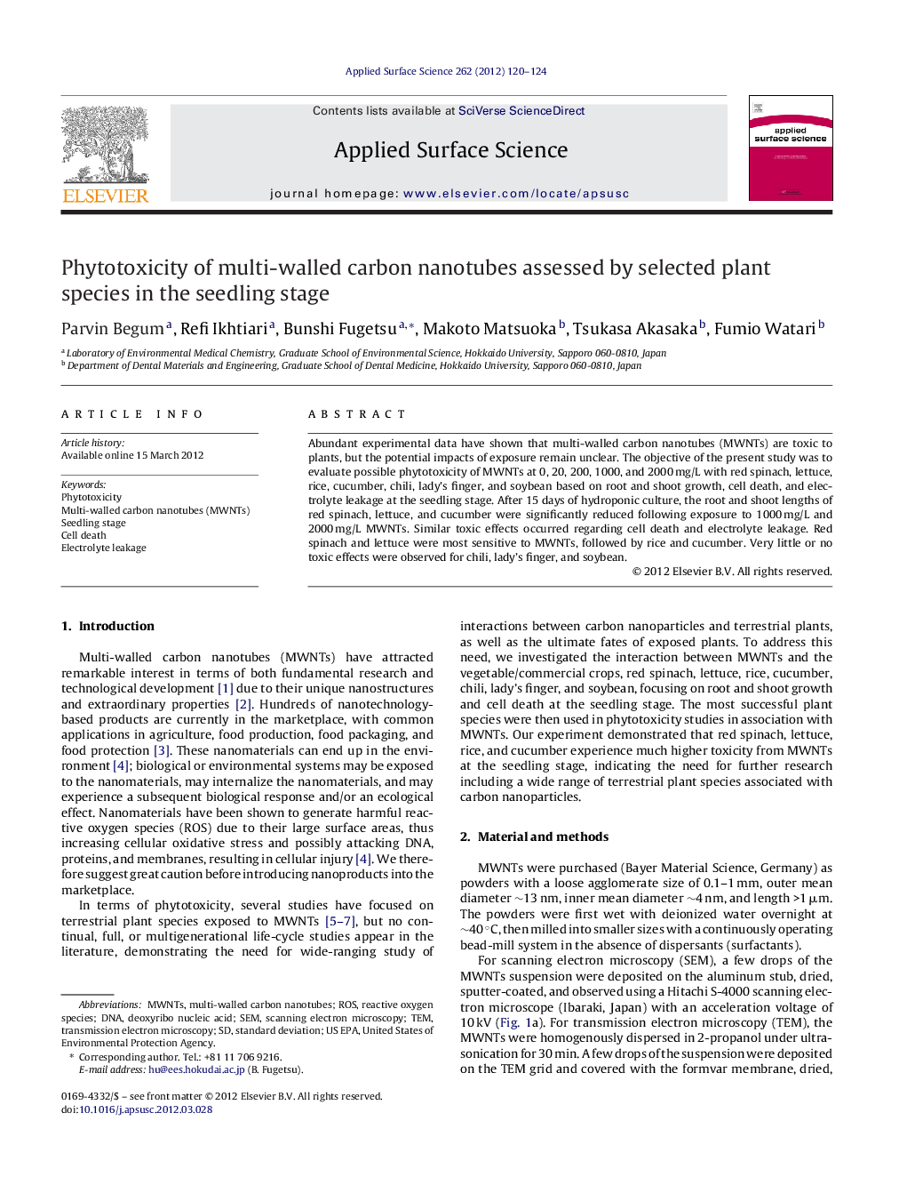 Phytotoxicity of multi-walled carbon nanotubes assessed by selected plant species in the seedling stage