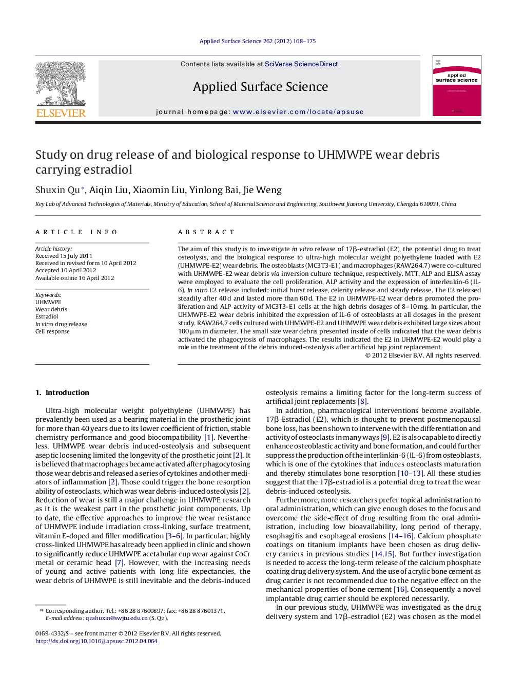 Study on drug release of and biological response to UHMWPE wear debris carrying estradiol