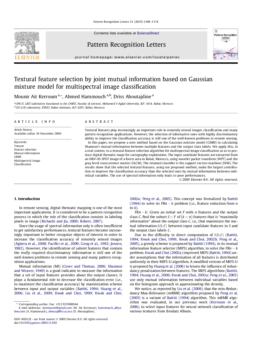 Textural feature selection by joint mutual information based on Gaussian mixture model for multispectral image classification