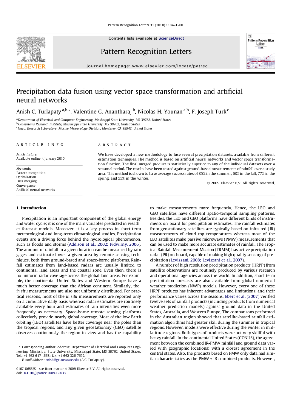 Precipitation data fusion using vector space transformation and artificial neural networks