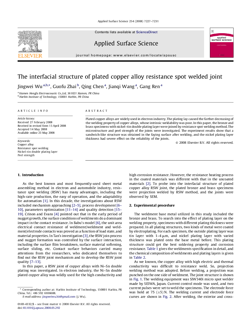 The interfacial structure of plated copper alloy resistance spot welded joint