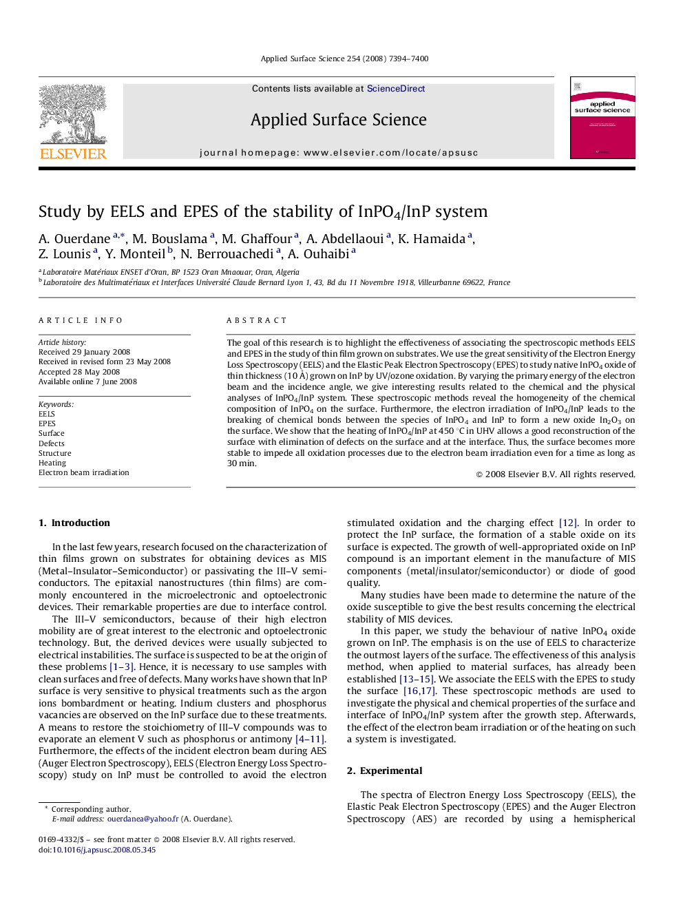 Study by EELS and EPES of the stability of InPO4/InP system