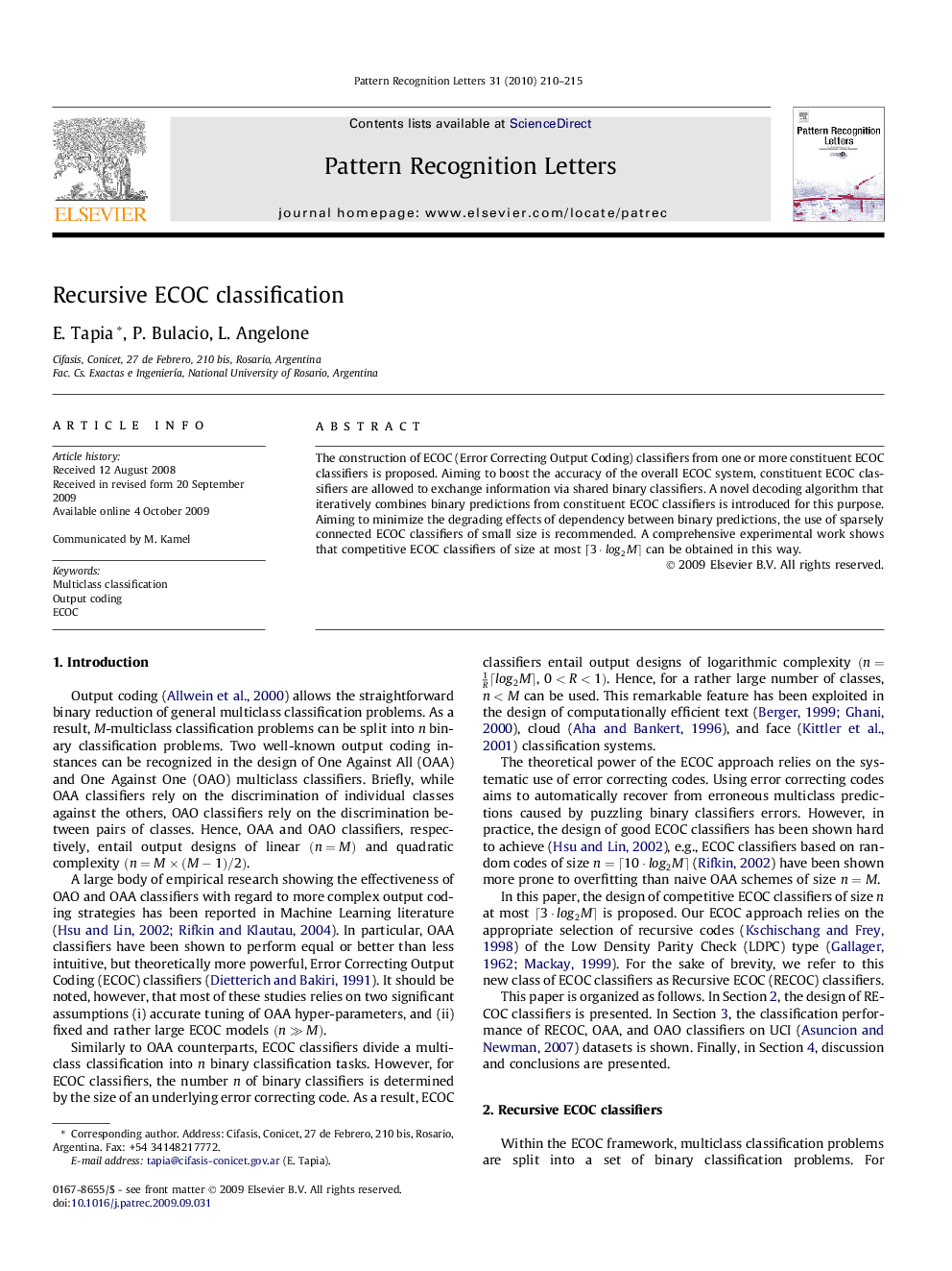 Recursive ECOC classification
