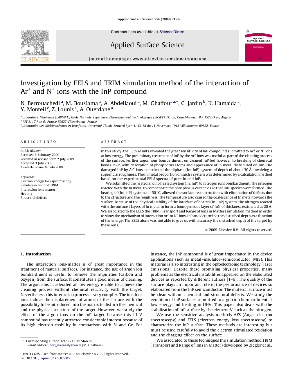 Investigation by EELS and TRIM simulation method of the interaction of Ar+ and N+ ions with the InP compound