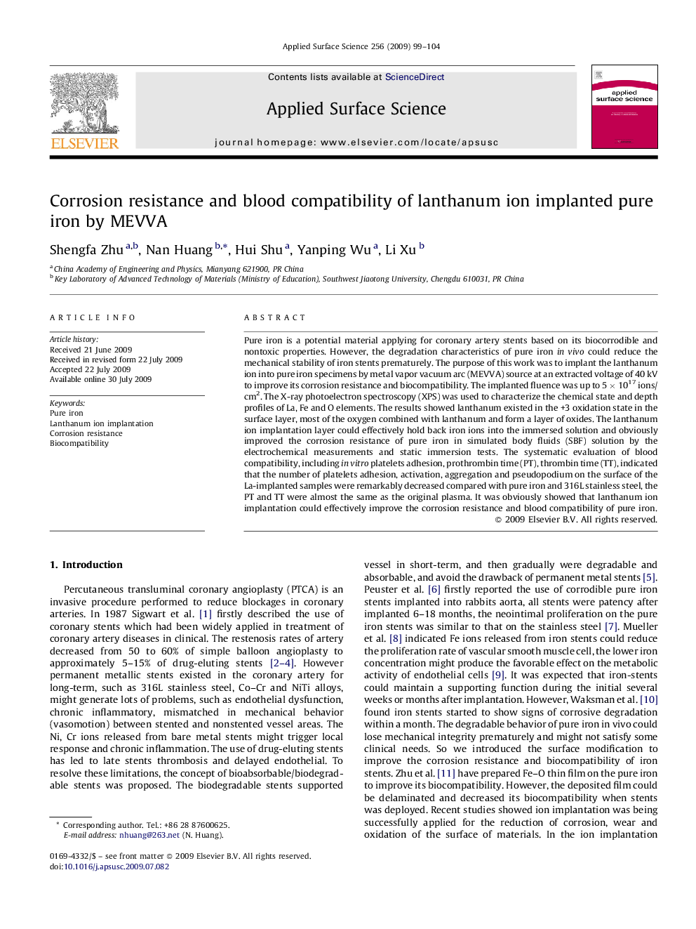 Corrosion resistance and blood compatibility of lanthanum ion implanted pure iron by MEVVA