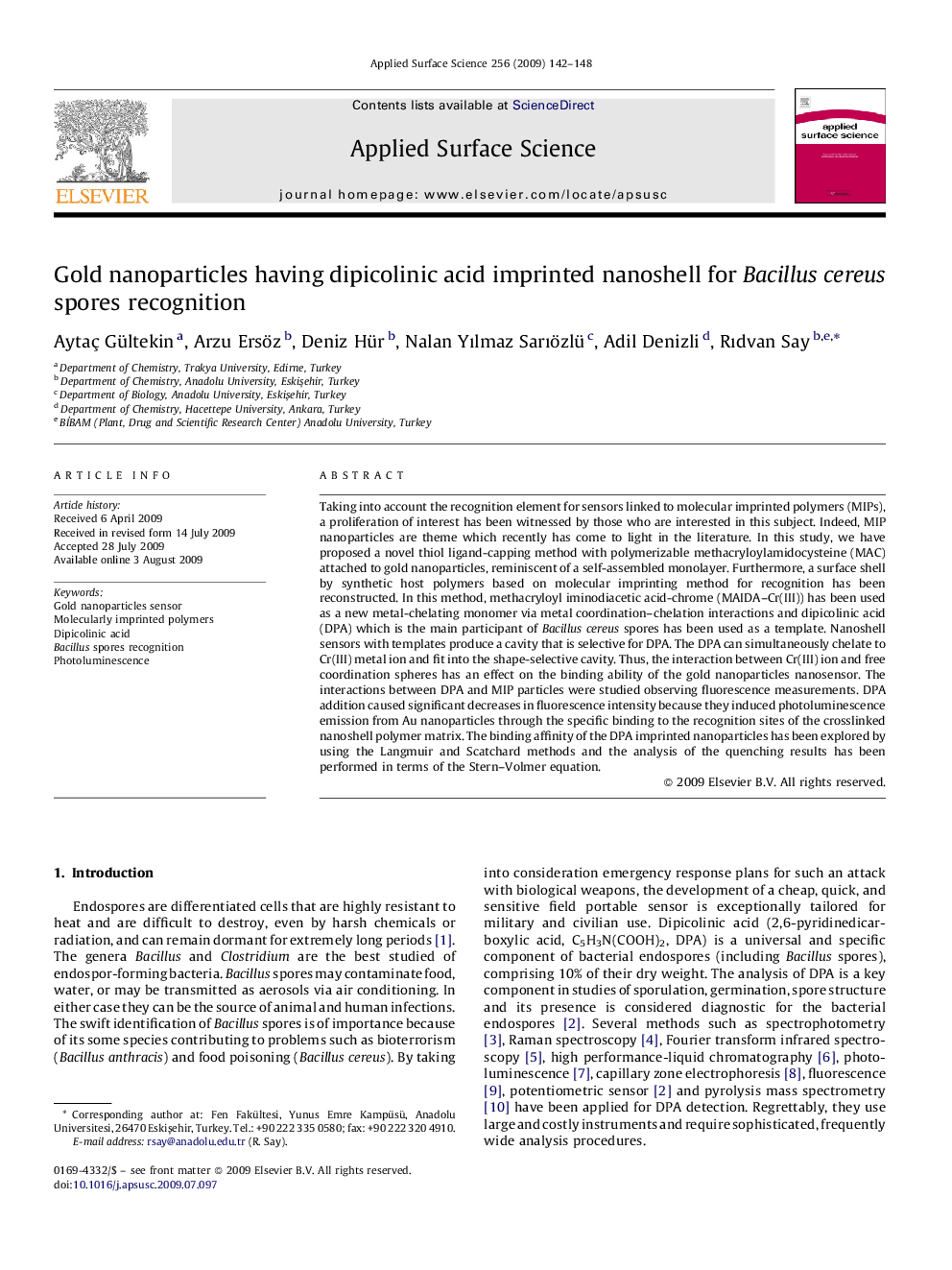 Gold nanoparticles having dipicolinic acid imprinted nanoshell for Bacillus cereus spores recognition