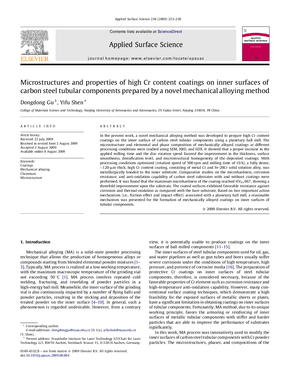 Microstructures and properties of high Cr content coatings on inner surfaces of carbon steel tubular components prepared by a novel mechanical alloying method