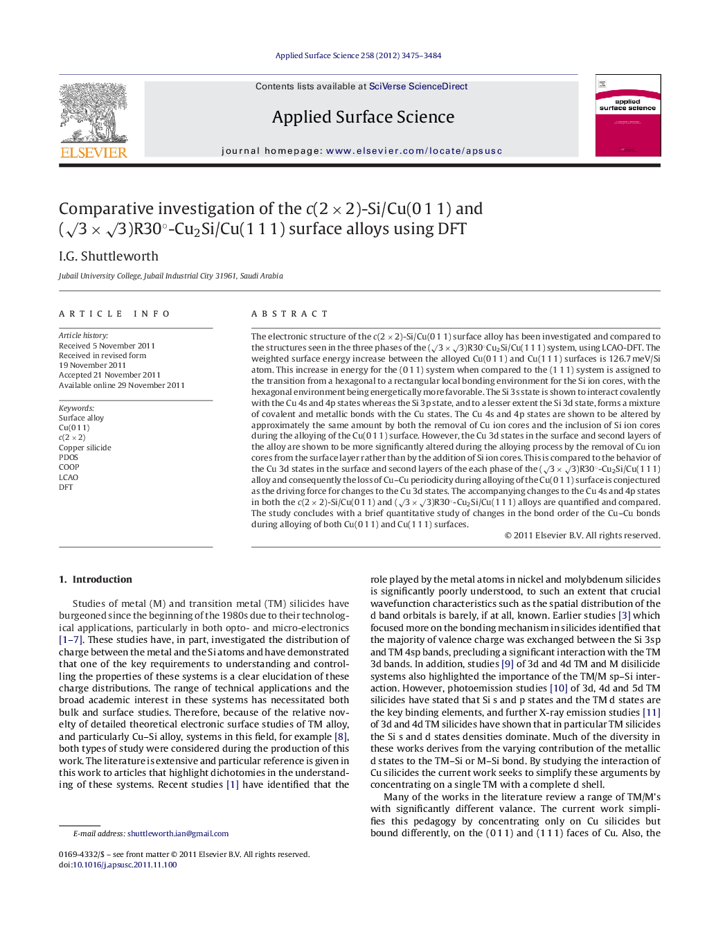 Comparative investigation of the c(2 Ã 2)-Si/Cu(0 1 1) and (â3 Ã â3)R30Â°-Cu2Si/Cu(1 1 1) surface alloys using DFT