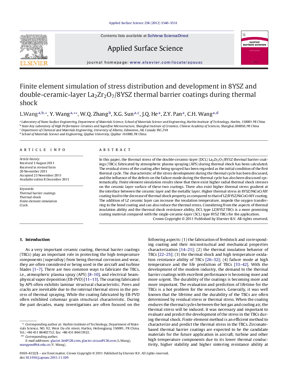 Finite element simulation of stress distribution and development in 8YSZ and double-ceramic-layer La2Zr2O7/8YSZ thermal barrier coatings during thermal shock