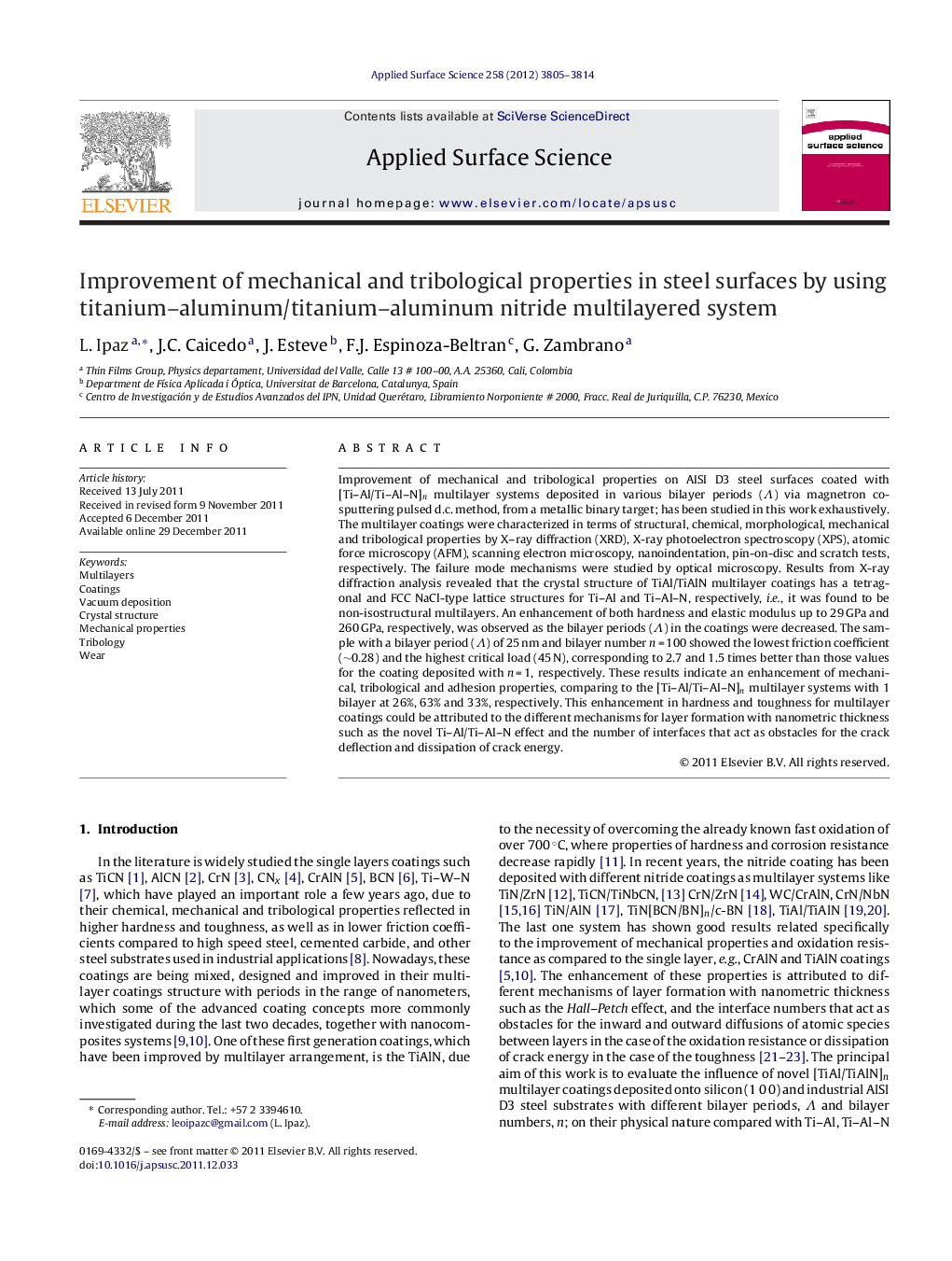 Improvement of mechanical and tribological properties in steel surfaces by using titanium-aluminum/titanium-aluminum nitride multilayered system