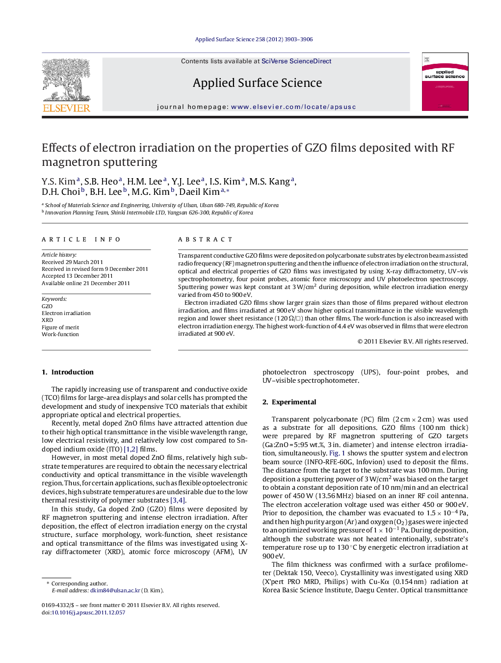 Effects of electron irradiation on the properties of GZO films deposited with RF magnetron sputtering