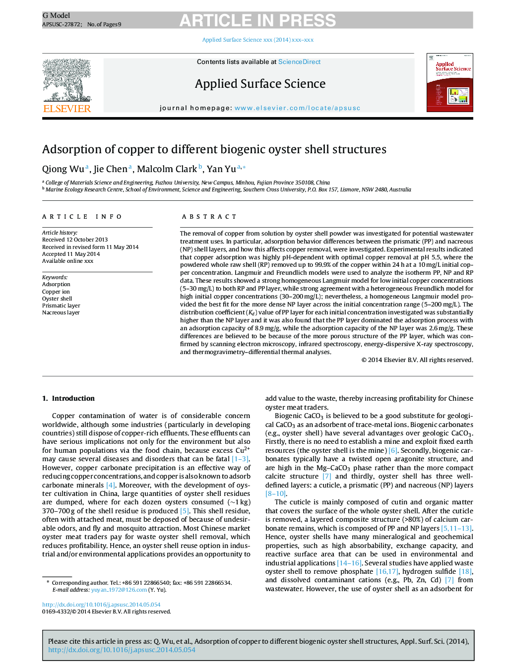 Adsorption of copper to different biogenic oyster shell structures