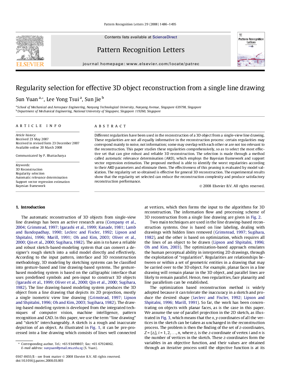 Regularity selection for effective 3D object reconstruction from a single line drawing