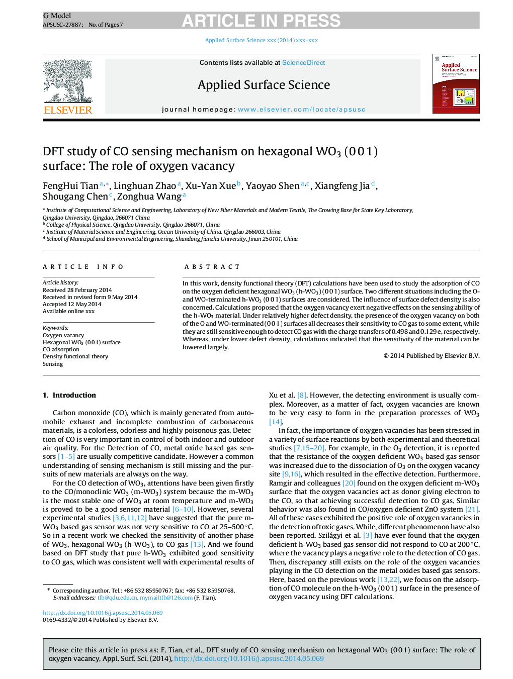 DFT study of CO sensing mechanism on hexagonal WO3 (0Â 0Â 1) surface: The role of oxygen vacancy