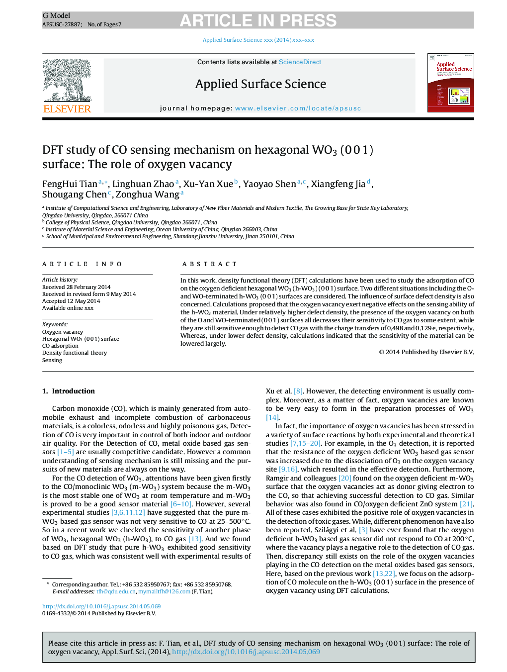 عکس صفحه اول مقاله: DFT study of CO sensing mechanism on hexagonal WO3 (0Â 0Â 1) surface: The role of oxygen vacancy DFT study of CO sensing mechanism on hexagonal WO3 (0Â 0Â 1) surface: The role of oxygen vacancy