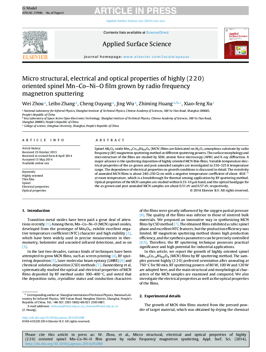 Micro structural, electrical and optical properties of highly (2Â 2Â 0) oriented spinel Mn-Co-Ni-O film grown by radio frequency magnetron sputtering