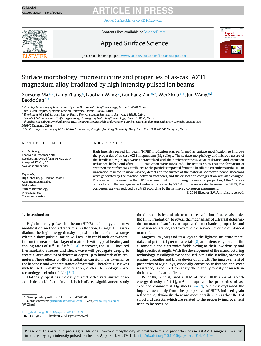 Surface morphology, microstructure and properties of as-cast AZ31 magnesium alloy irradiated by high intensity pulsed ion beams