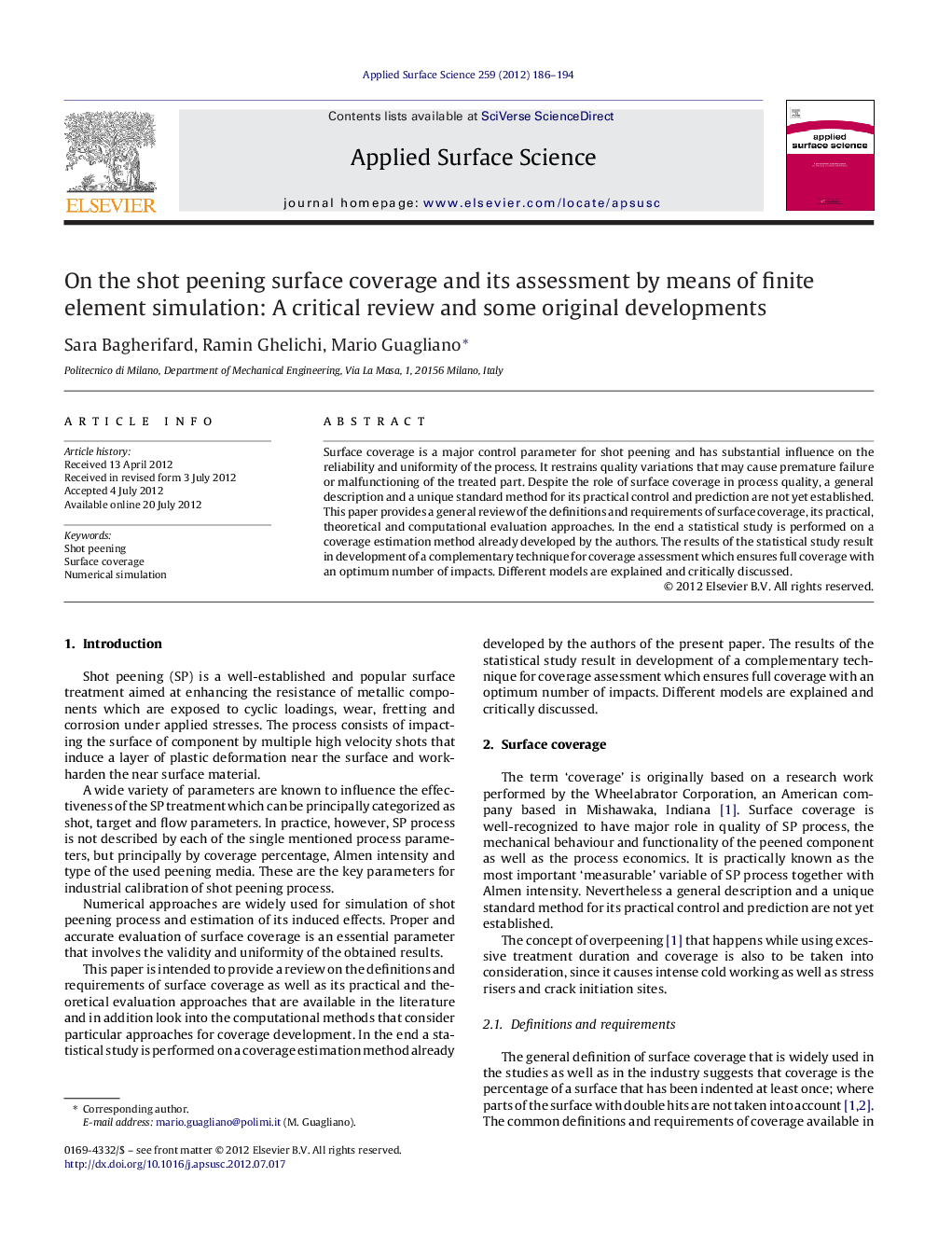 On the shot peening surface coverage and its assessment by means of finite element simulation: A critical review and some original developments