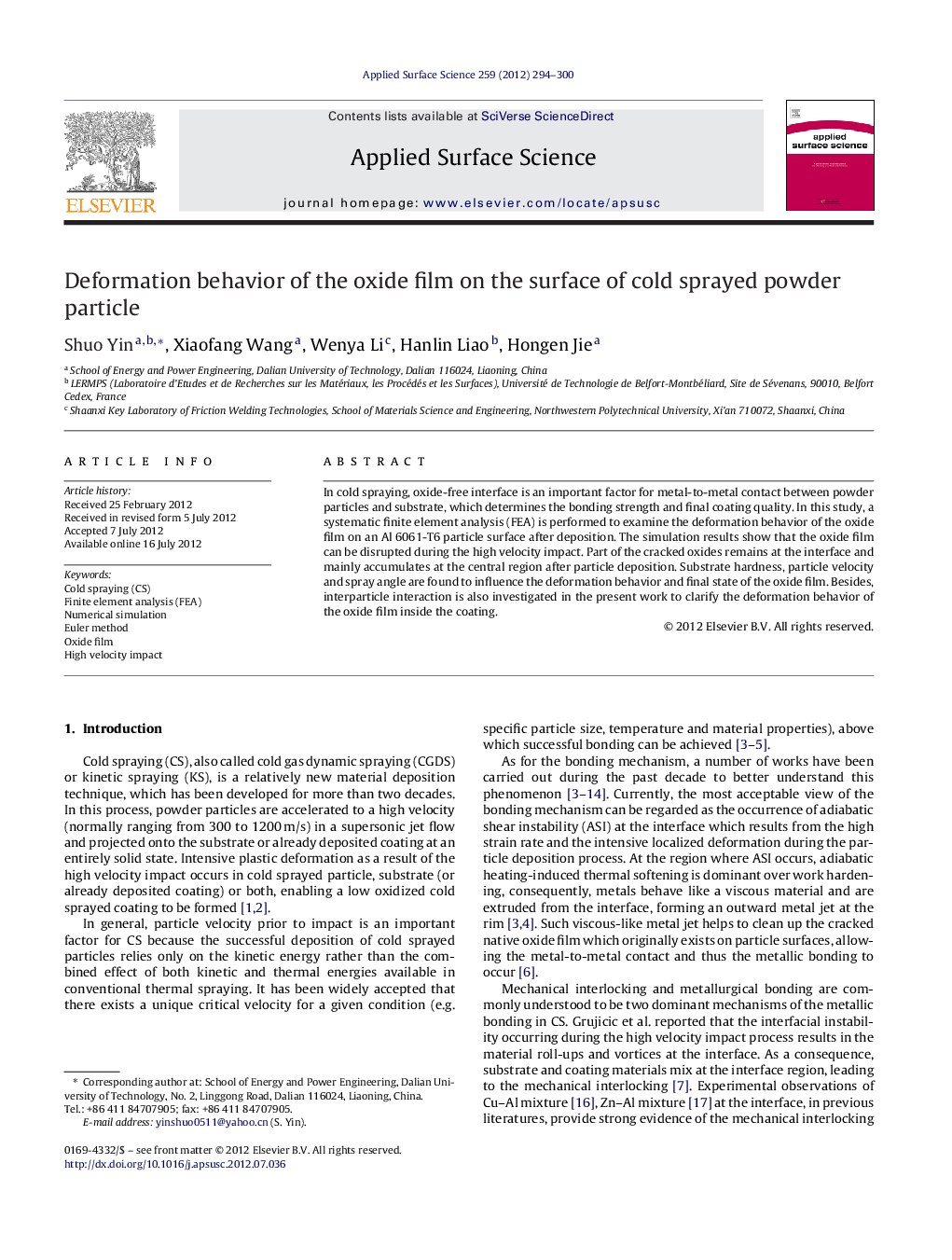 Deformation behavior of the oxide film on the surface of cold sprayed powder particle