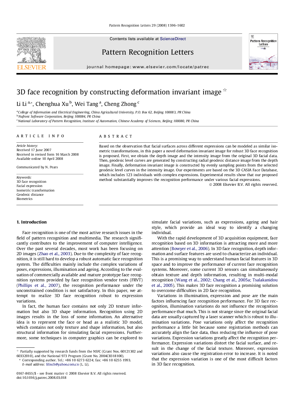 عکس صفحه اول مقاله: 3D face recognition by constructing deformation invariant image 3D face recognition by constructing deformation invariant image
