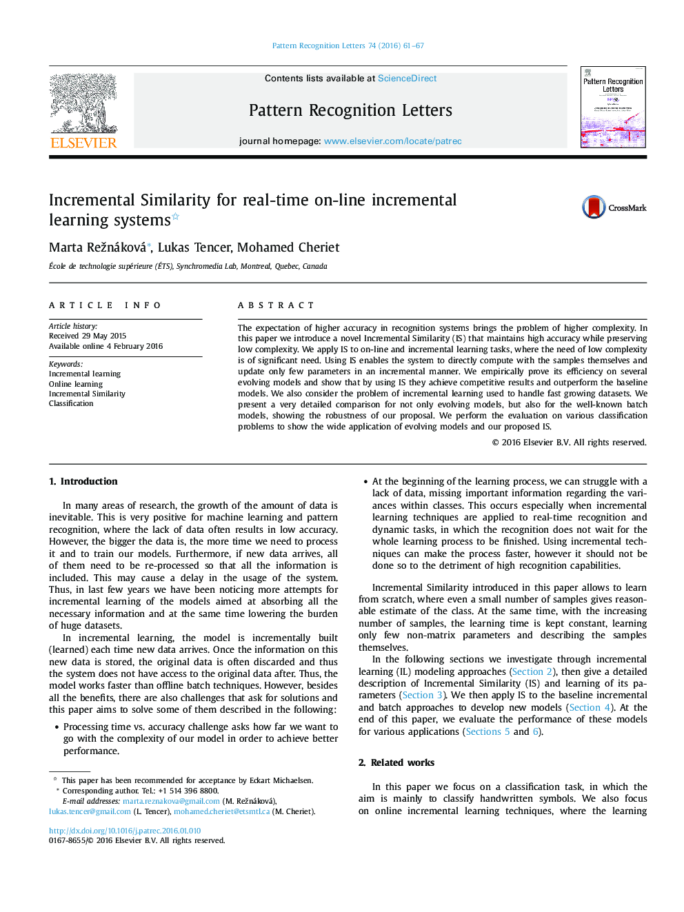 Incremental Similarity for real-time on-line incremental learning systems 