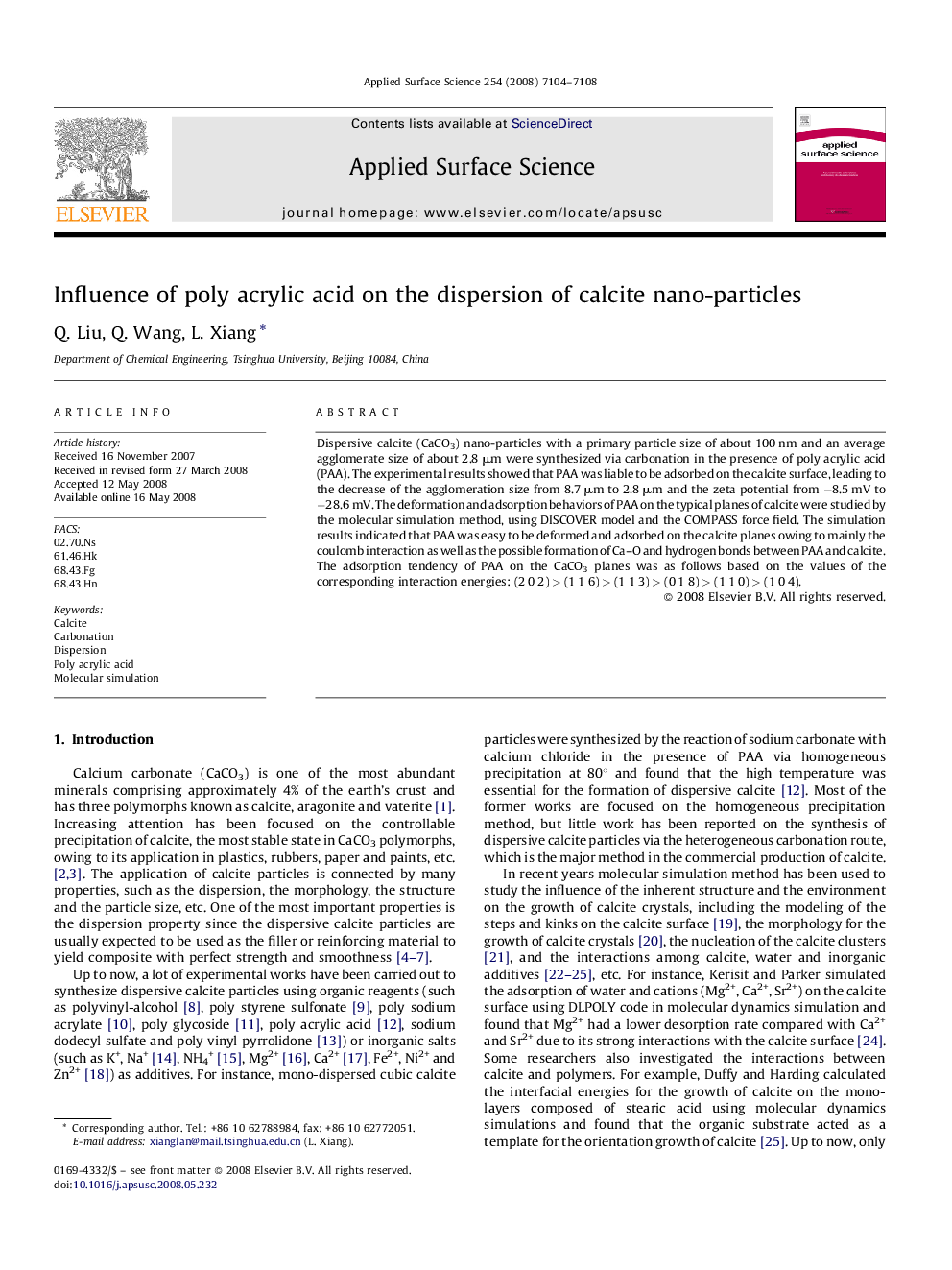 Influence of poly acrylic acid on the dispersion of calcite nano-particles