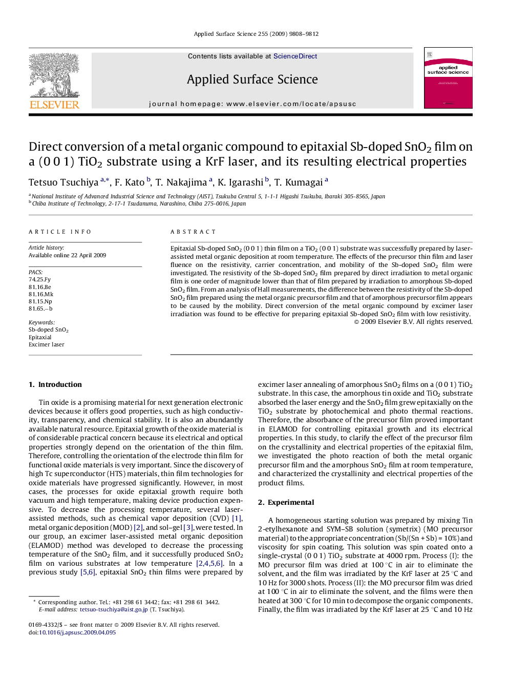 Direct conversion of a metal organic compound to epitaxial Sb-doped SnO2 film on a (0Â 0Â 1) TiO2 substrate using a KrF laser, and its resulting electrical properties