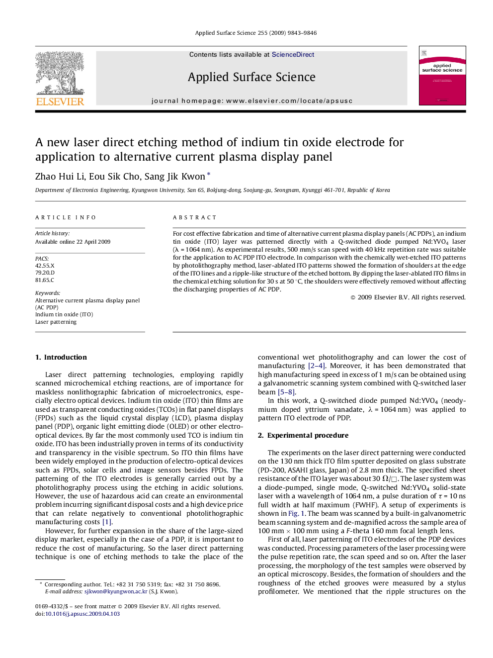 A new laser direct etching method of indium tin oxide electrode for application to alternative current plasma display panel