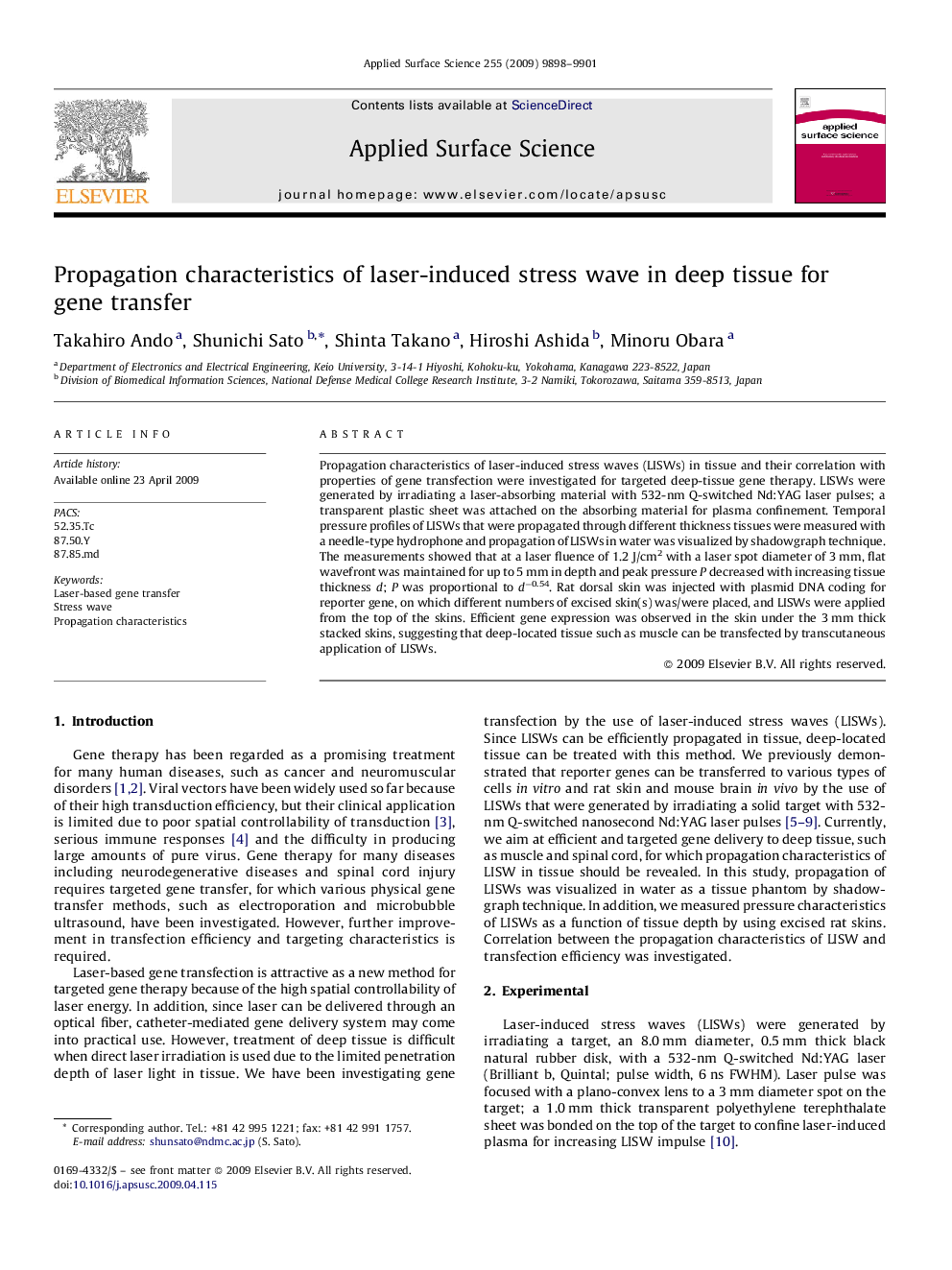 Propagation characteristics of laser-induced stress wave in deep tissue for gene transfer