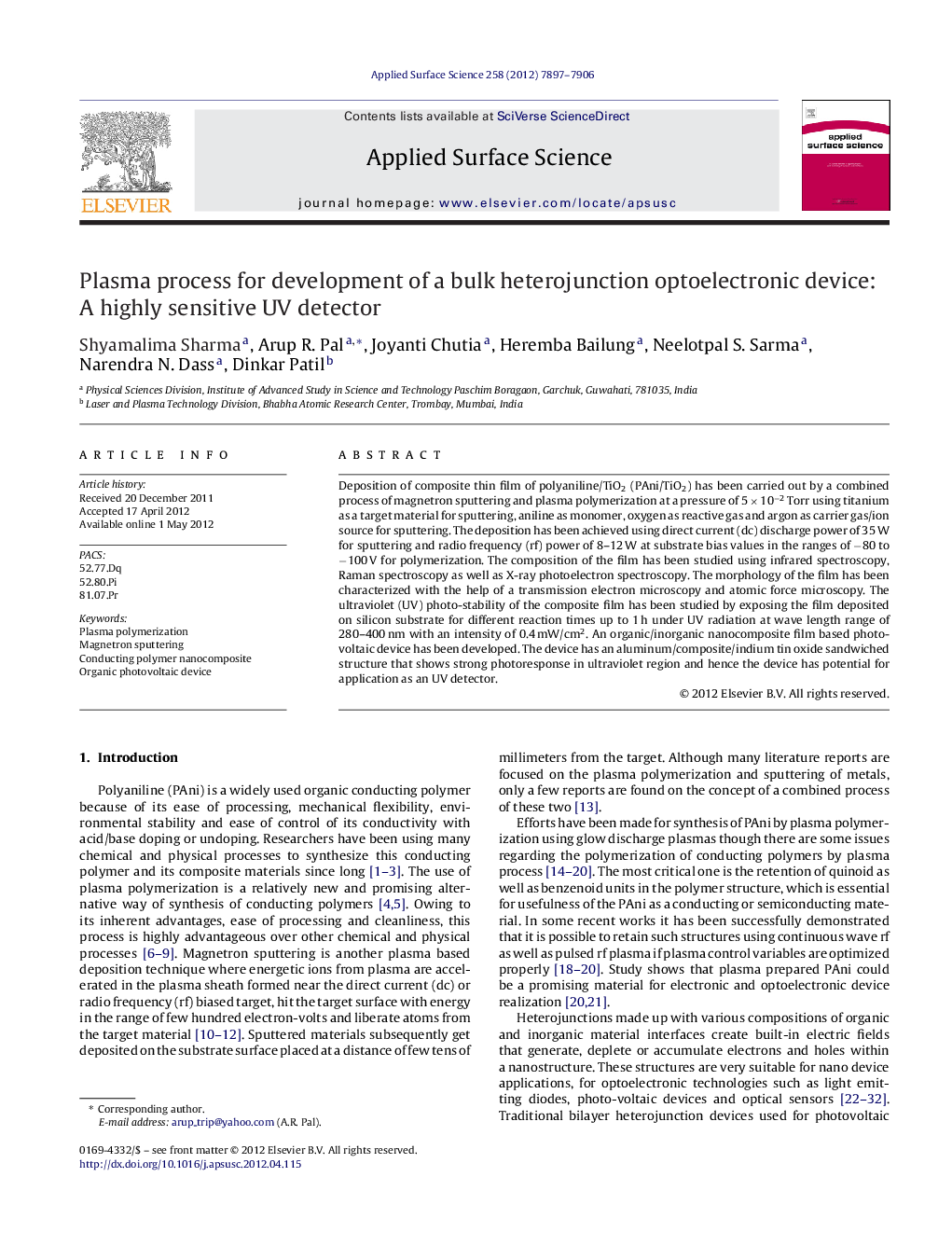 Plasma process for development of a bulk heterojunction optoelectronic device: A highly sensitive UV detector