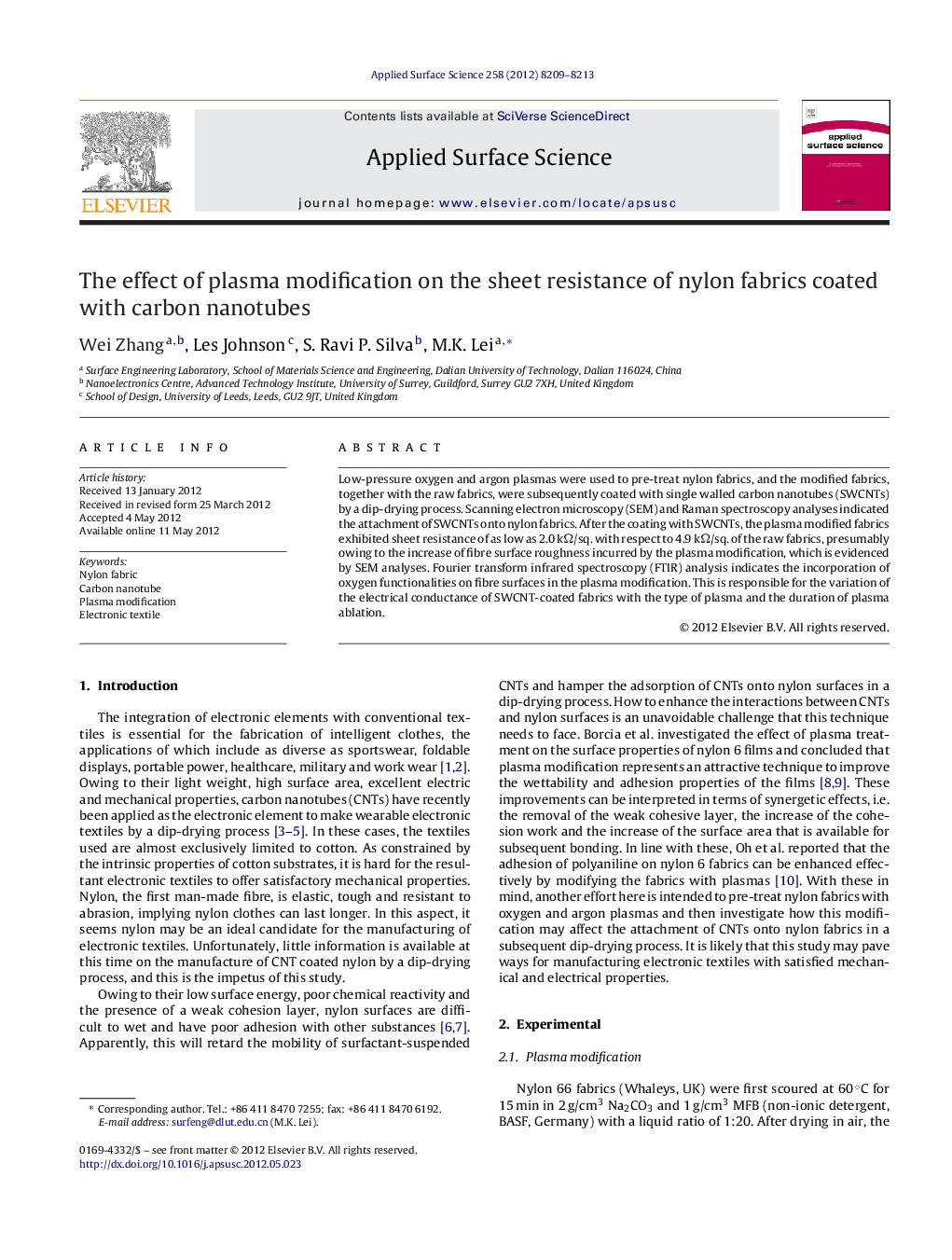 The effect of plasma modification on the sheet resistance of nylon fabrics coated with carbon nanotubes