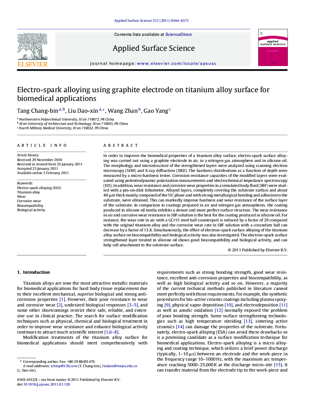 Electro-spark alloying using graphite electrode on titanium alloy surface for biomedical applications