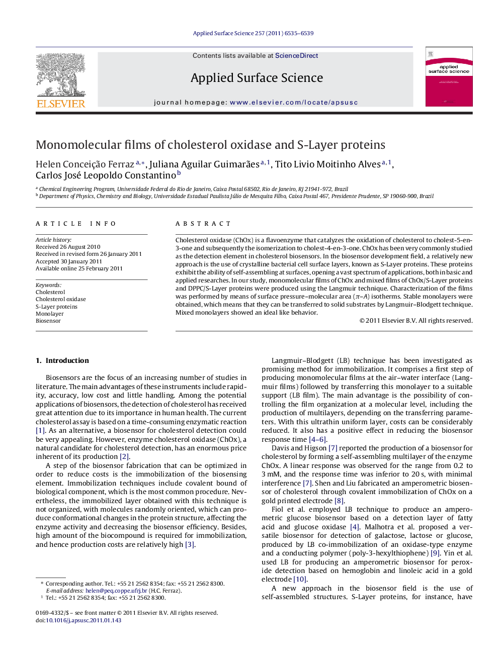 Monomolecular films of cholesterol oxidase and S-Layer proteins