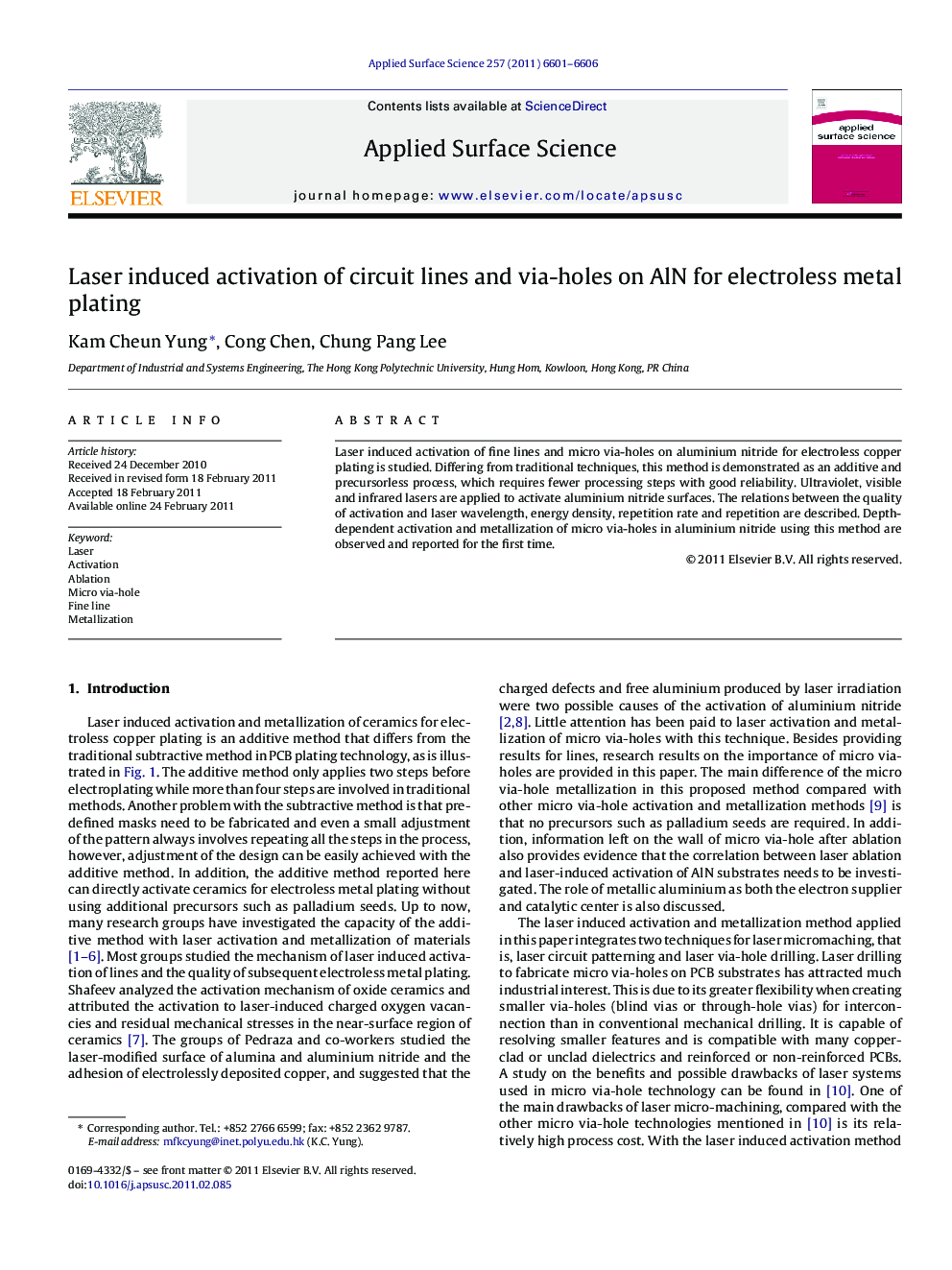 Laser induced activation of circuit lines and via-holes on AlN for electroless metal plating