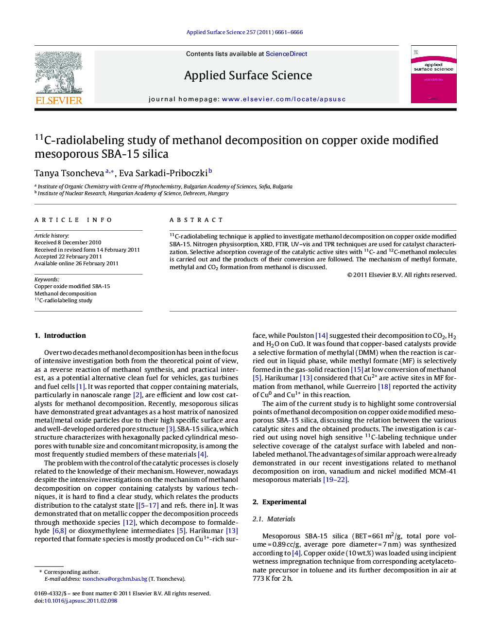 11C-radiolabeling study of methanol decomposition on copper oxide modified mesoporous SBA-15 silica